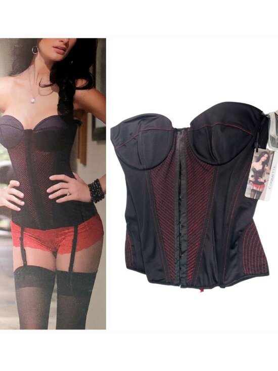 Bustier Corset – Black with Red Stitching & Ribbon Tie– Size L – NWT - Picture 1 of 16